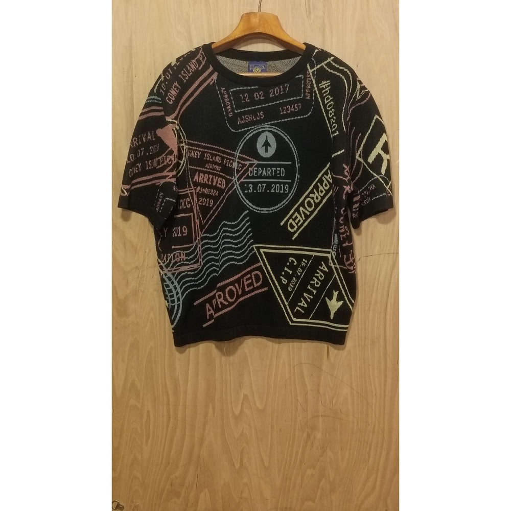 Coney Island Picnic Mens XL Passport Stamp Knit Short Sleeve Sweater Black